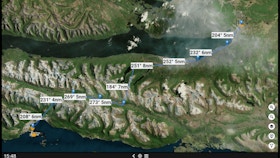 An in-game preview of the Sky4Sim pad showing a flight plan overlaid onto a satellite image of mountainous terrain.