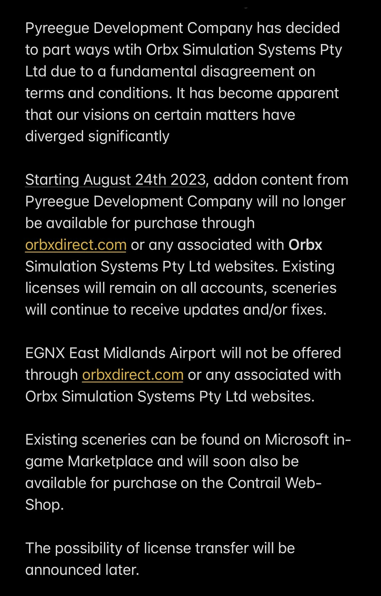 Pyreegue Dev Co Terminates Relationship with Orbx