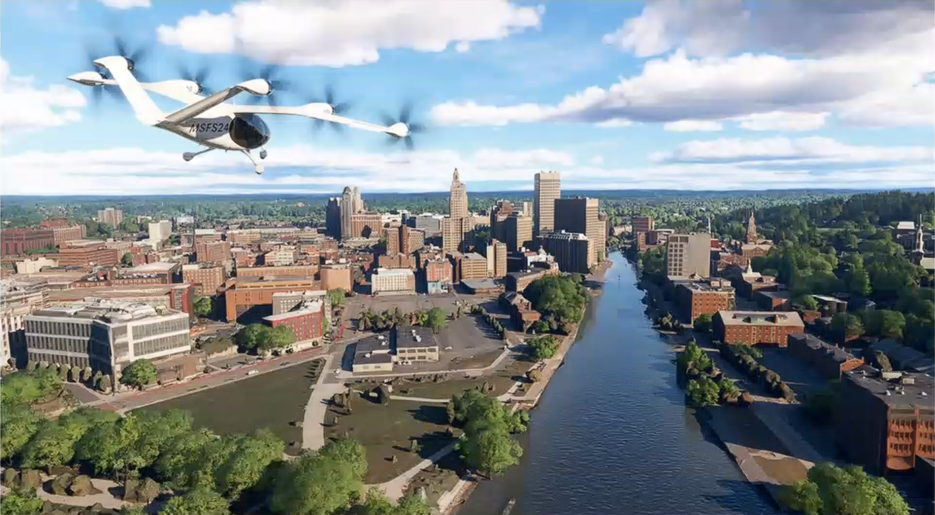 A rotorcraft flies above the Providence River.
